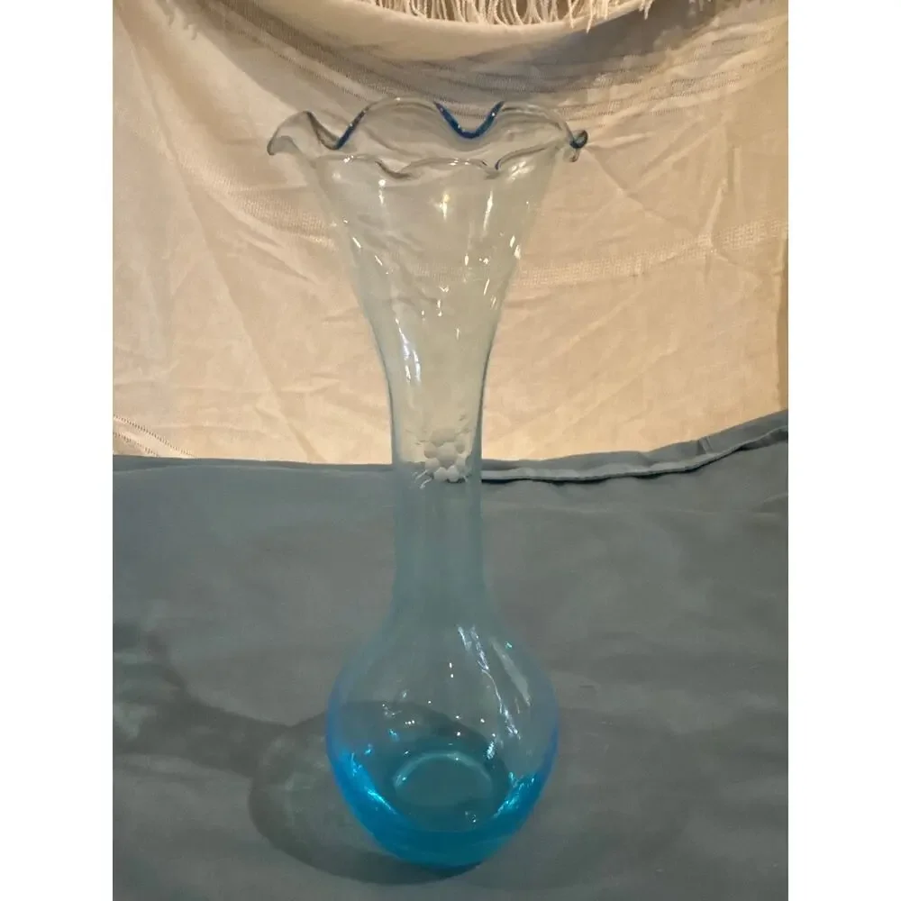 Vintage Aqua Blue Glass Bud Vase Etched Floral Ruffled Top Mid Century 8”